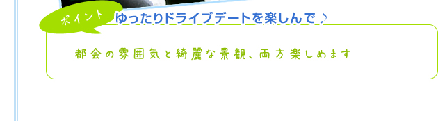 【ポイント】ゆったりドライブデートを楽しんで♪都会の雰囲気と綺麗な景観、両方楽しめます