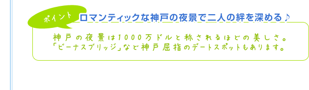 【ポイント】ロマンティックな神戸の夜景で二人の絆を深める♪神戸の夜景は1000万ドルと称されるほどの美しさ。「ビーナスブリッジ」など神戸屈指のデートスポットもあります。