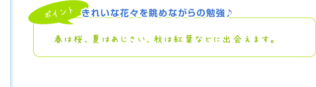 【ポイント】きれいな花々を眺めながらの勉強♪春は桜、夏はあじさい、秋は紅葉などに出会えます。