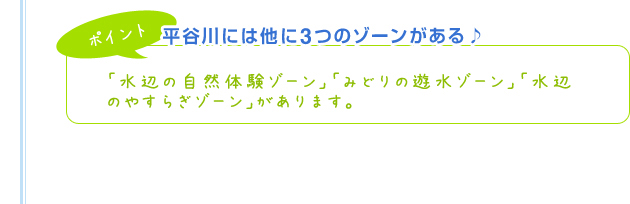 【ポイント】平谷川には他に3つのゾーンがある♪「水辺の自然体験ゾーン」「みどりの遊水ゾーン」「水辺のやすらぎゾーン」があります。